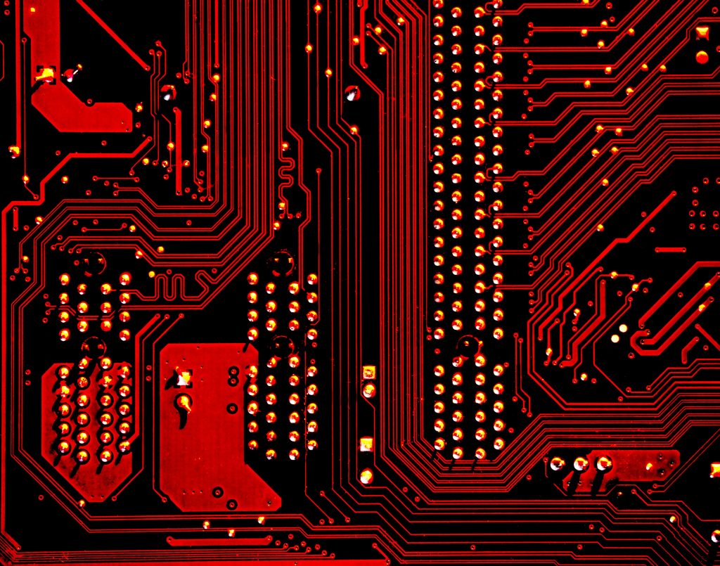 Computer circuits shown with a red light instead of usual green